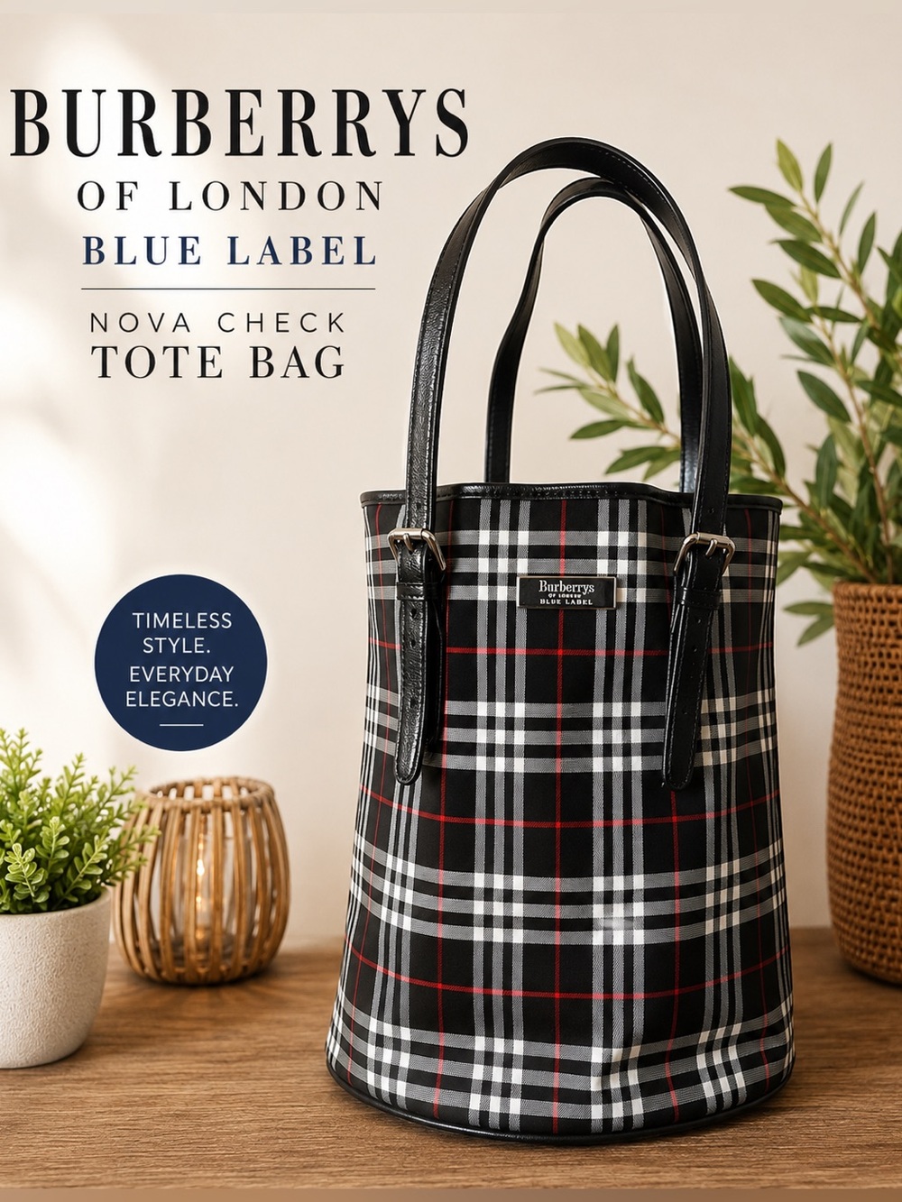 Vintage Burberrys of London Blue Label Nova Check Black Tote Back